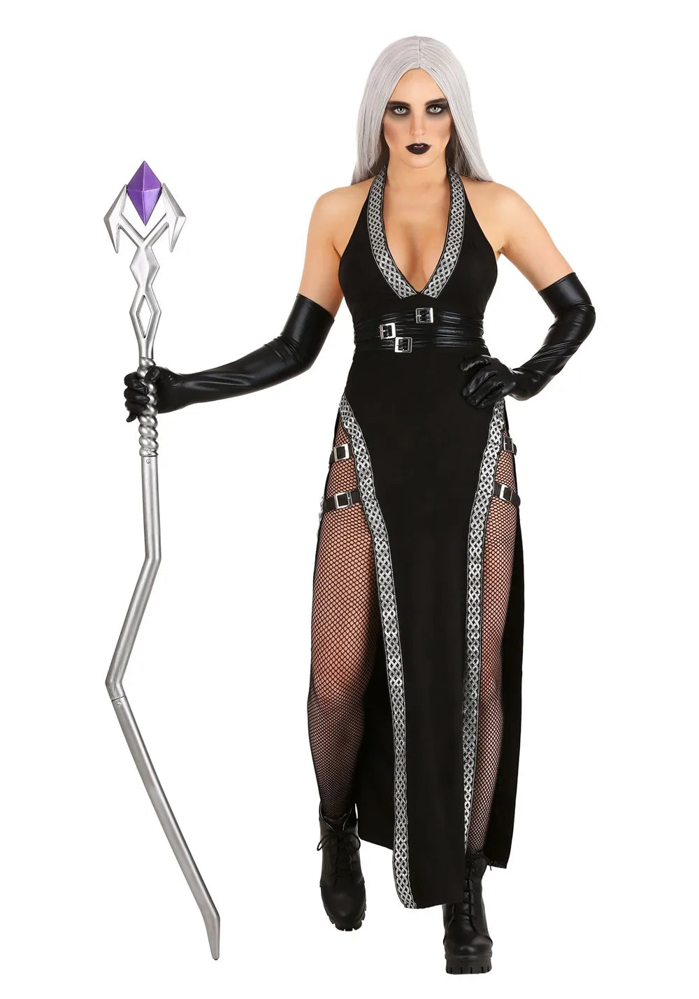 Halloween maxi jurk – gotische heks kostuum voor dames, lange donkere jurk met mystieke details, perfect voor Halloween en verkleedfeesten.