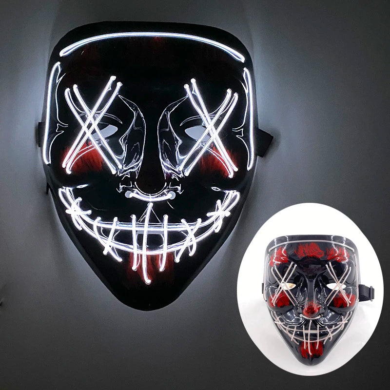LED Halloween masker – draadloos lichtgevend party masker met meerdere stijlen en knipperende effecten, perfect voor Halloween, feestjes en cosplay voor kinderen en volwassenen.