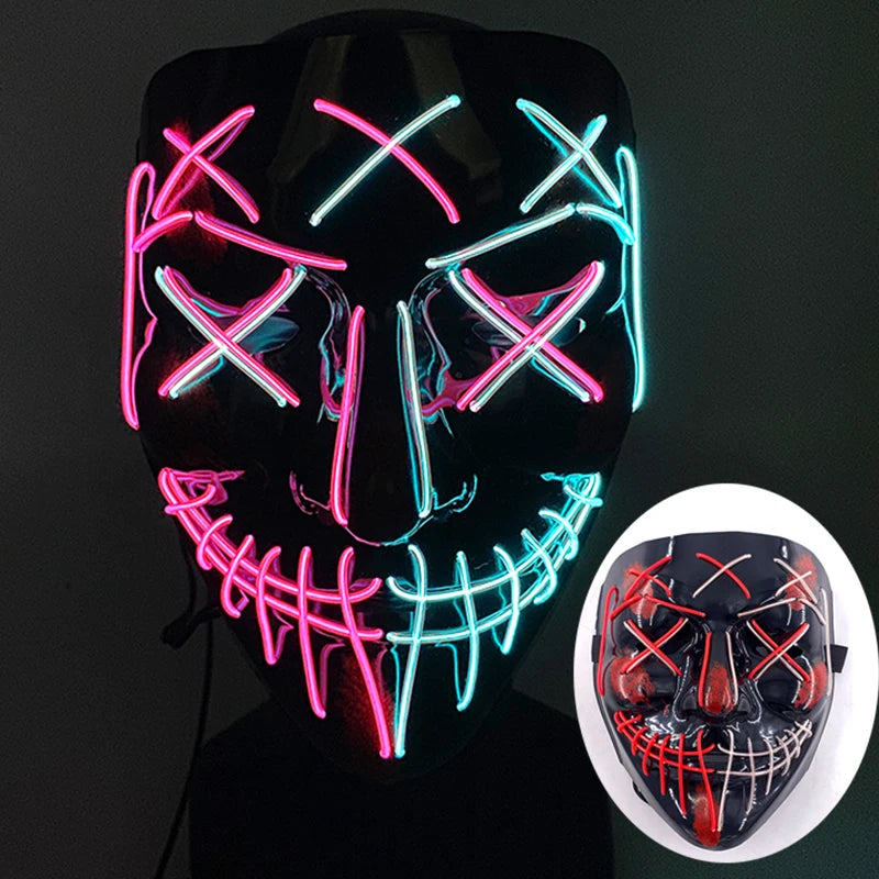 LED Halloween masker – draadloos lichtgevend party masker met meerdere stijlen en knipperende effecten, perfect voor Halloween, feestjes en cosplay voor kinderen en volwassenen.
