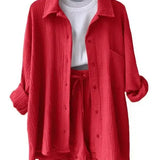 Zomerse dames 2-delige set – lange blouse en hoge taille shorts, een frisse en luchtige outfit voor warmere dagen. Ideaal voor casual zomerlooks of ontspannen buitenactiviteiten.