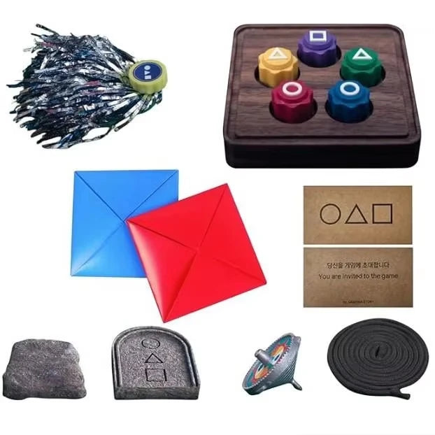 Partyspel props set met vierkant, cirkel en driehoek symbolen – familie spel met traditionele Koreaanse spellen zoals Steen Vangspel, Gonggi, Ddakji, Jegichagi en Biseokchigi geïnspireerd op Squid Game.