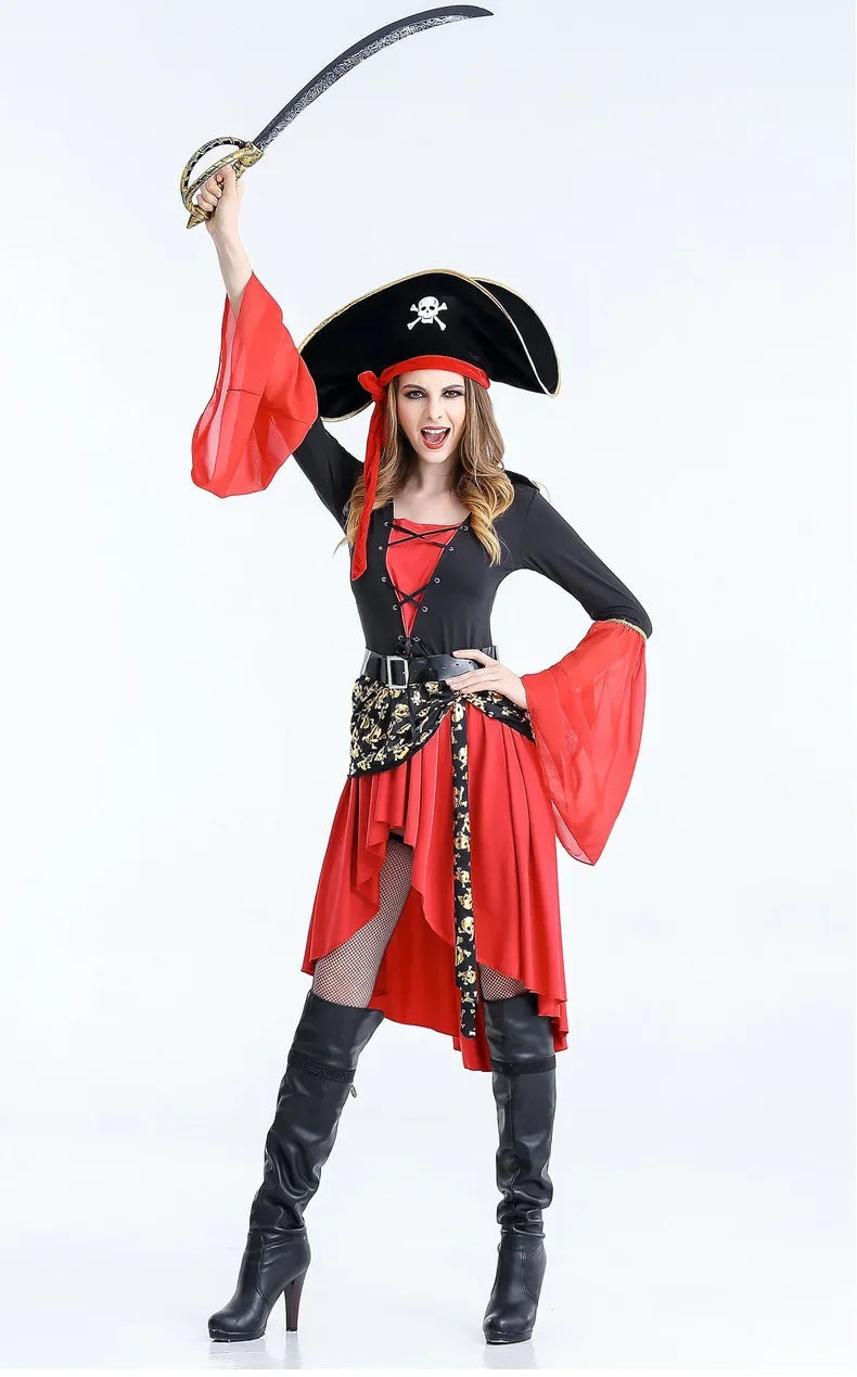 Piratenkapitein kostuum jurk – Halloween midi jurk voor dames, stoer en comfortabel ontwerp met piratendetails, perfect voor Halloween en verkleedfeesten.