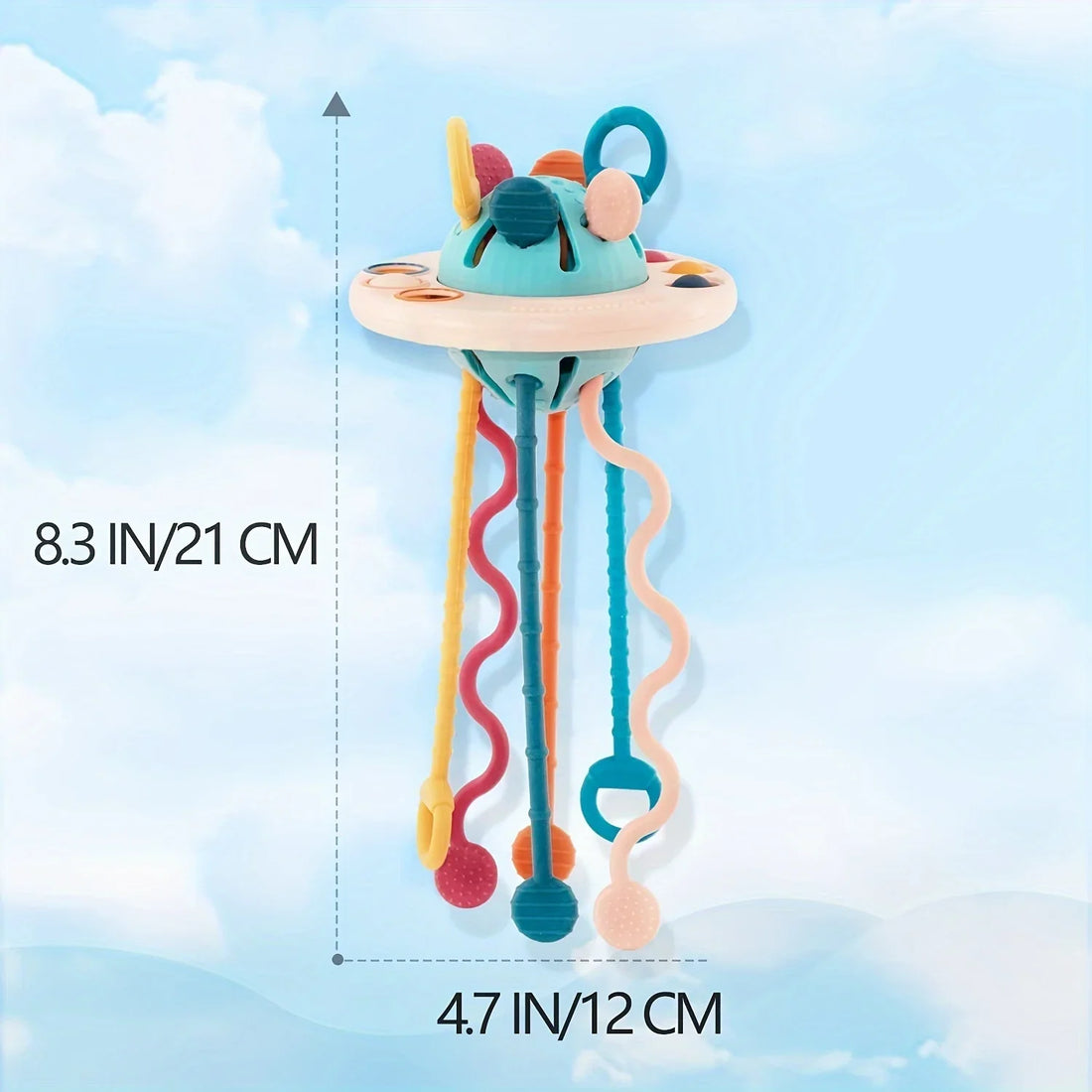 Montessori UFO siliconen duw- & trekkoord activiteitenspeeltje (6-18M+) – stimuleert de motorische vaardigheden en zintuiglijke ontwikkeling van je baby. Veilig, duurzaam en leuk!