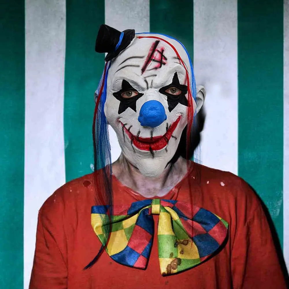 Halloween clown masker – eng en kleurrijk volledig gezichtsmasker van lichtgewicht materiaal, ideaal voor Halloween, cosplay en verkleedfeesten.