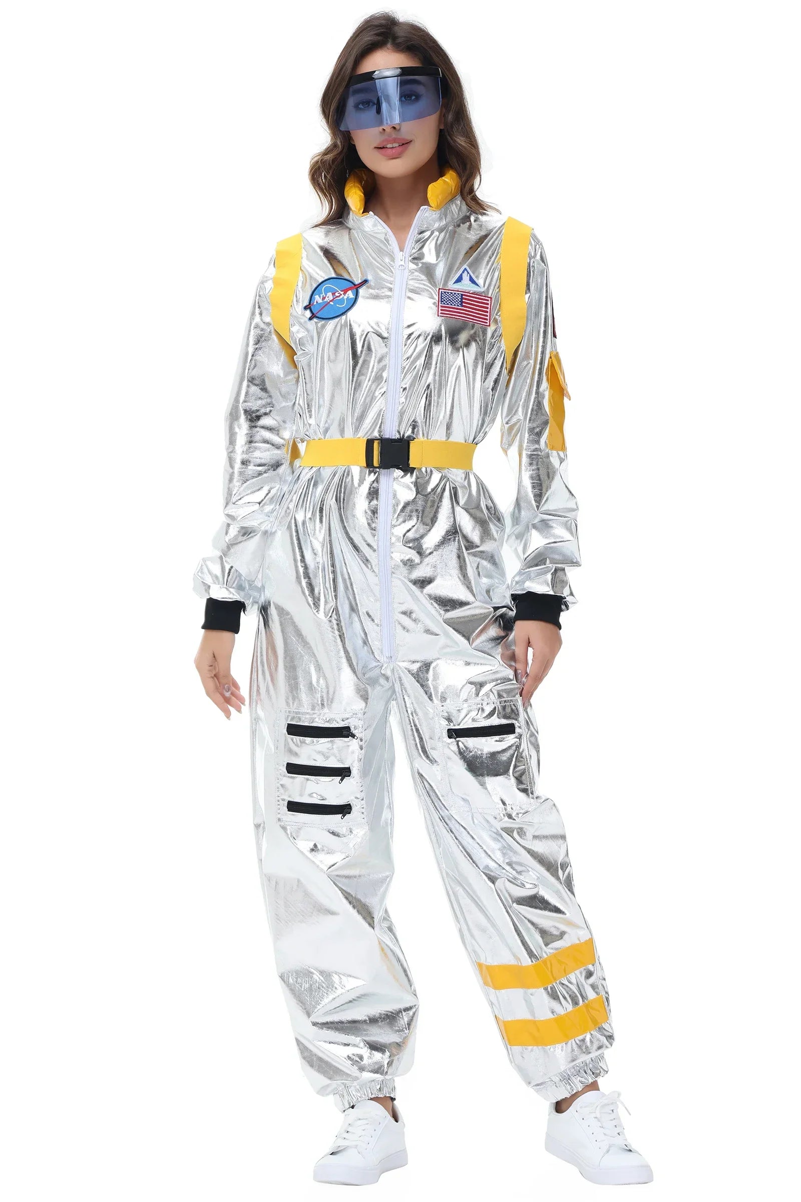 Halloween kostuum – zilverkleurig astronautenpak voor volwassenen en tieners, compleet en comfortabel outfit, ideaal voor Halloween, cosplay en verkleedfeesten.