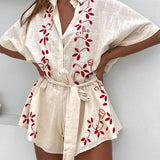 Korte mouw geborduurde blouse set met ceintuur van lichte, ademende stof met elegante pasvorm en verfijnde details.