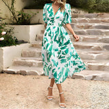 Dames Midi Jurk met Bloemenprint en V-Hals