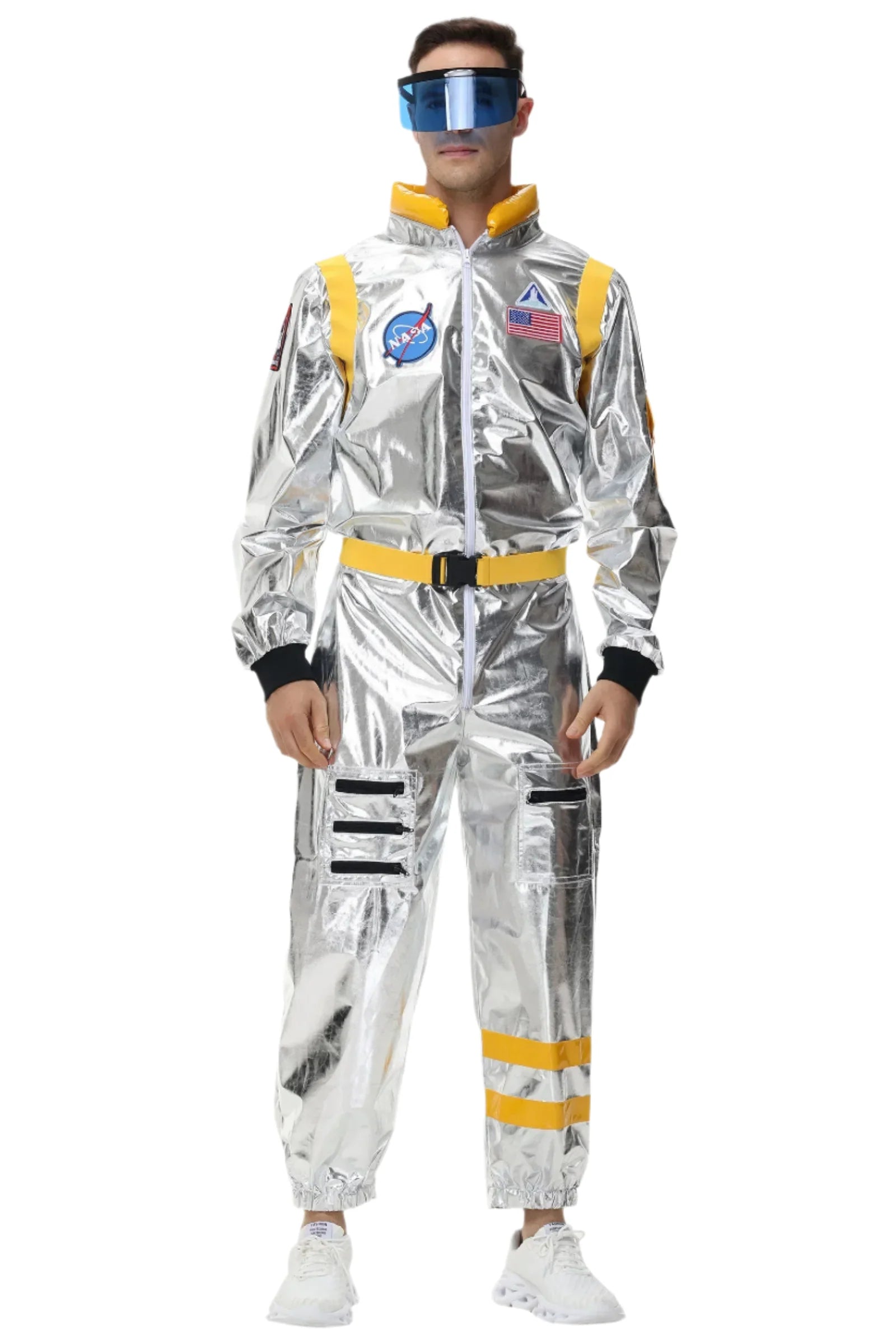Halloween kostuum – zilverkleurig astronautenpak voor volwassenen en tieners, compleet en comfortabel outfit, ideaal voor Halloween, cosplay en verkleedfeesten.