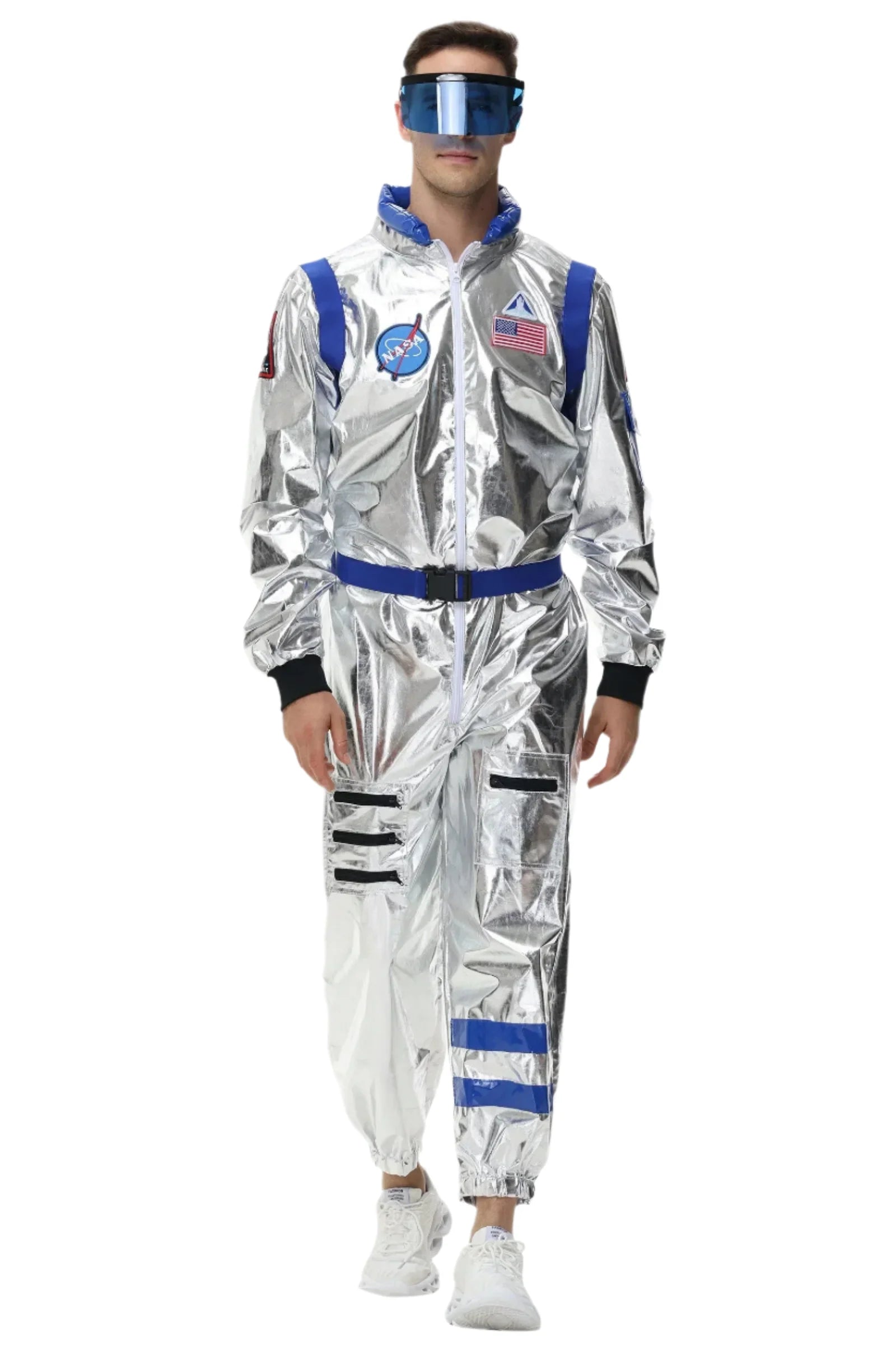 Halloween kostuum – zilverkleurig astronautenpak voor volwassenen en tieners, compleet en comfortabel outfit, ideaal voor Halloween, cosplay en verkleedfeesten.