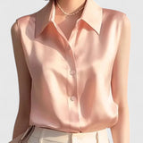 Dames blouse mouwloos met kraag en knoopsluiting