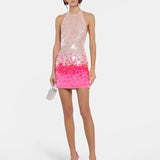 Glitter Halter Mini Jurk met Ombre Effect en Open Rug