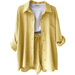 Zomerse dames 2-delige set – lange blouse en hoge taille shorts, een frisse en luchtige outfit voor warmere dagen. Ideaal voor casual zomerlooks of ontspannen buitenactiviteiten.