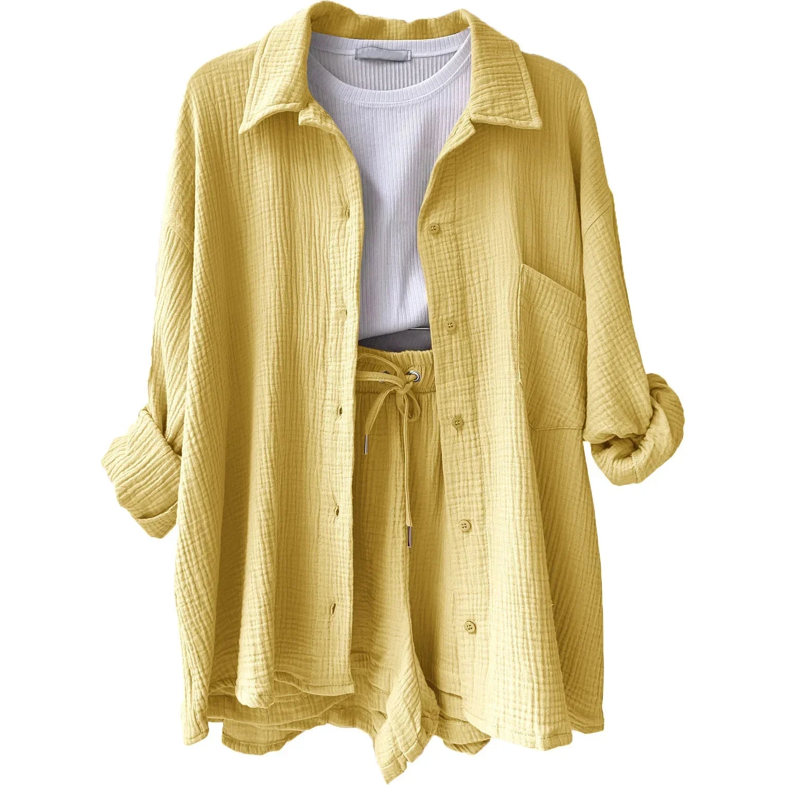 Zomerse dames 2-delige set – lange blouse en hoge taille shorts, een frisse en luchtige outfit voor warmere dagen. Ideaal voor casual zomerlooks of ontspannen buitenactiviteiten.