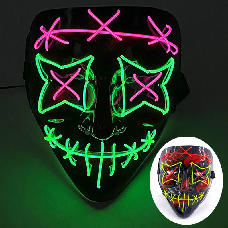 LED Halloween masker – draadloos lichtgevend party masker met meerdere stijlen en knipperende effecten, perfect voor Halloween, feestjes en cosplay voor kinderen en volwassenen.