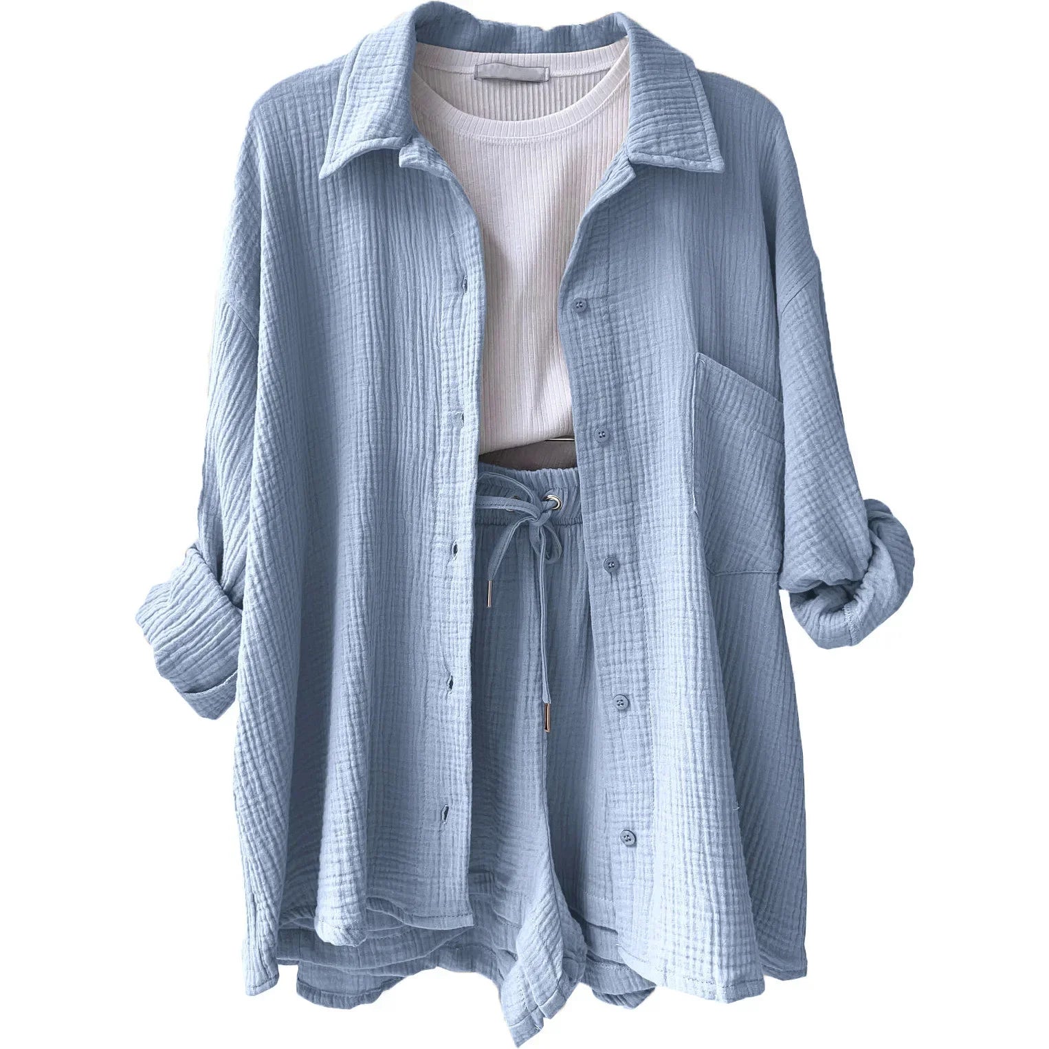 Zomerse dames 2-delige set – lange blouse en hoge taille shorts, een frisse en luchtige outfit voor warmere dagen. Ideaal voor casual zomerlooks of ontspannen buitenactiviteiten.