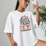 Wit zomer T-shirt voor dames van ademende katoen met comfortabele pasvorm en stijlvolle print voor een casual look.
