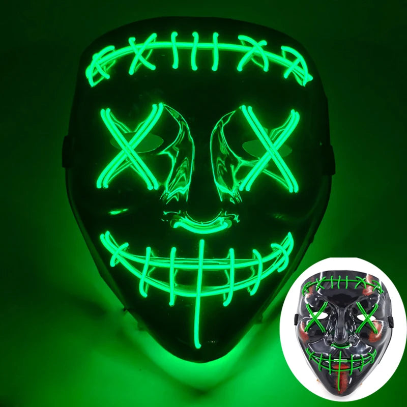 LED Halloween masker – draadloos lichtgevend party masker met meerdere stijlen en knipperende effecten, perfect voor Halloween, feestjes en cosplay voor kinderen en volwassenen.