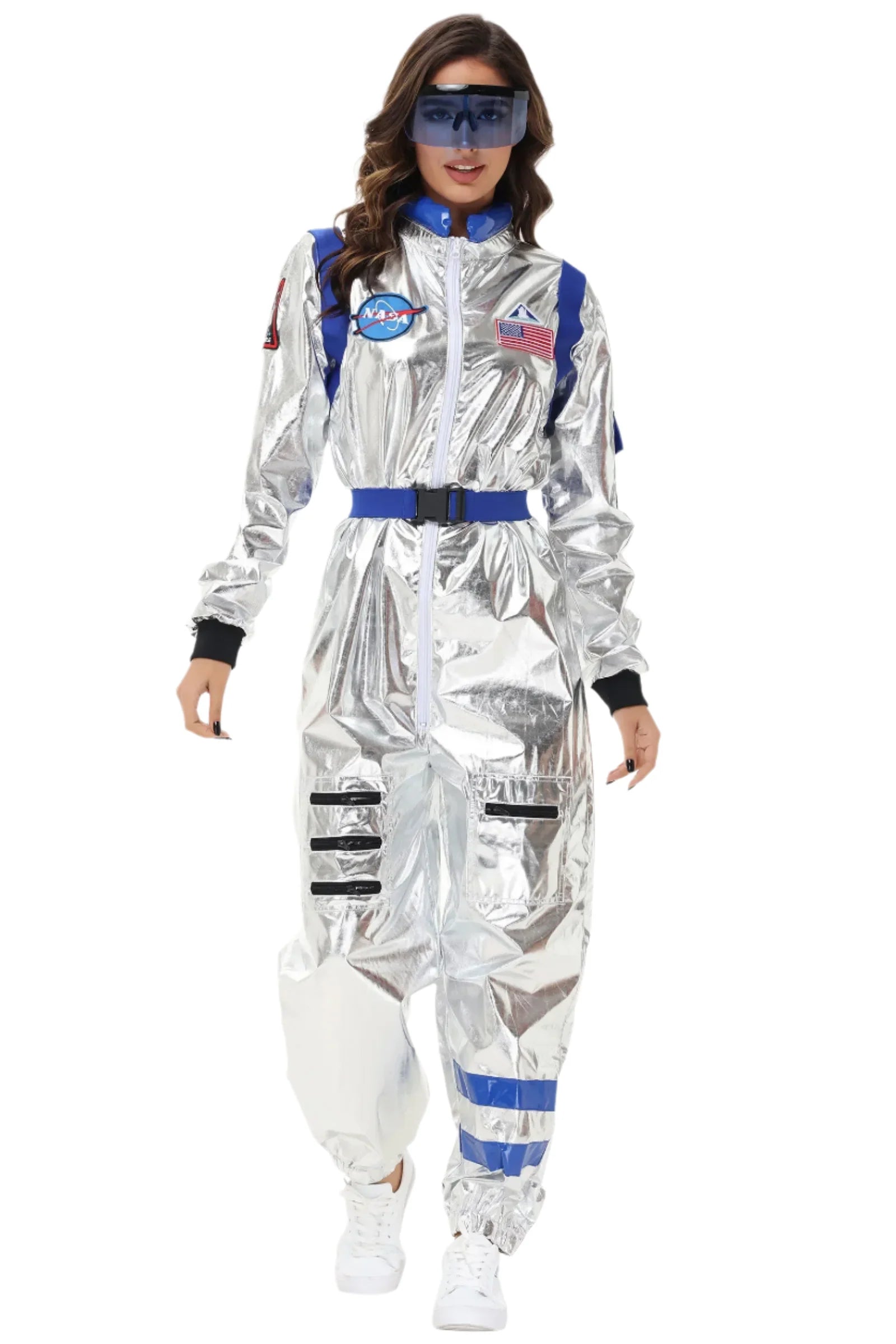 Halloween kostuum – zilverkleurig astronautenpak voor volwassenen en tieners, compleet en comfortabel outfit, ideaal voor Halloween, cosplay en verkleedfeesten.