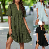 Dames Midi Jurk met Korte Mouwen en Geplooide Rok