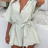 Korte mouw geborduurde blouse set met ceintuur van lichte, ademende stof met elegante pasvorm en verfijnde details.