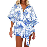Korte mouw geborduurde blouse set met ceintuur van lichte, ademende stof met elegante pasvorm en verfijnde details.