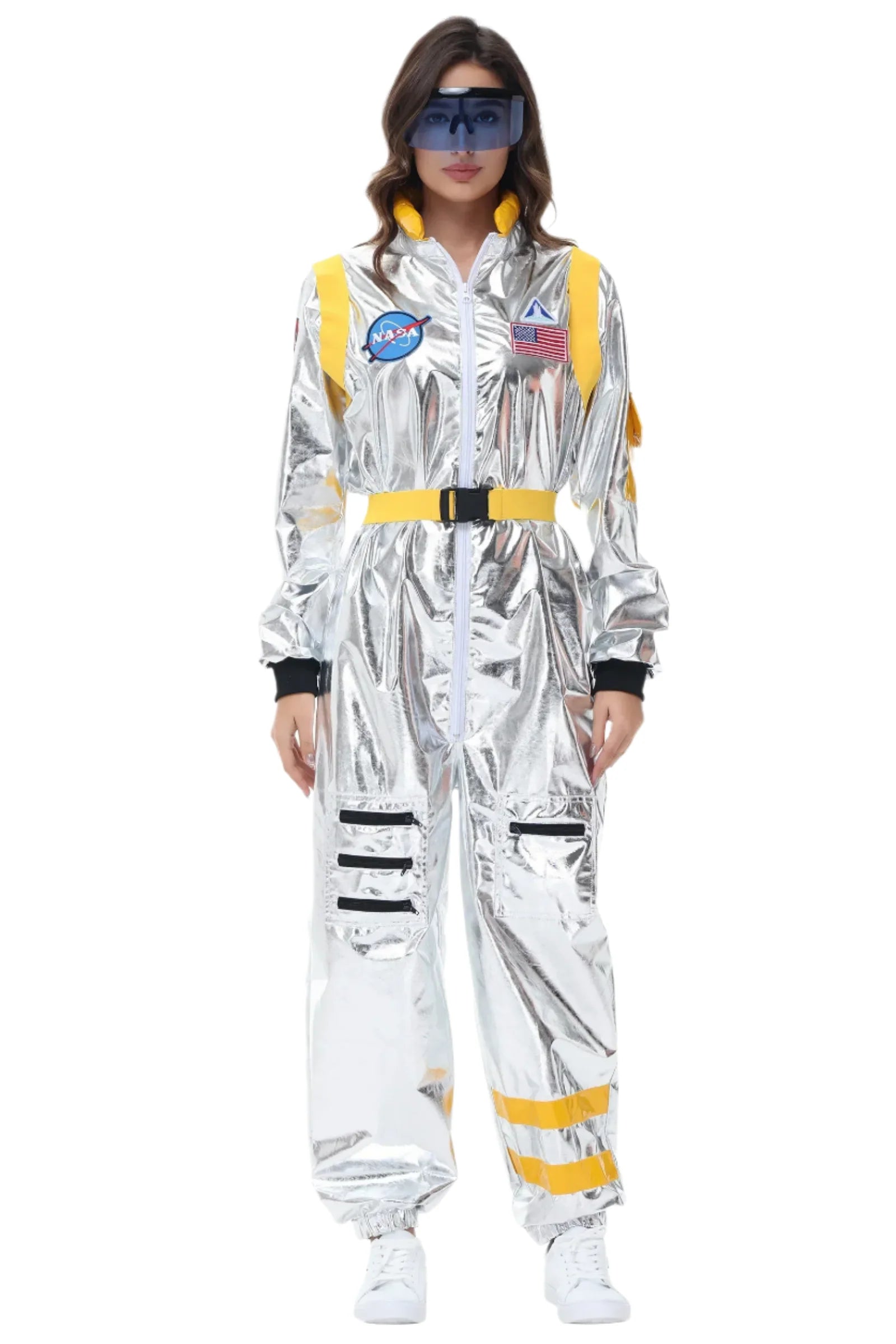 Halloween kostuum – zilverkleurig astronautenpak voor volwassenen en tieners, compleet en comfortabel outfit, ideaal voor Halloween, cosplay en verkleedfeesten.