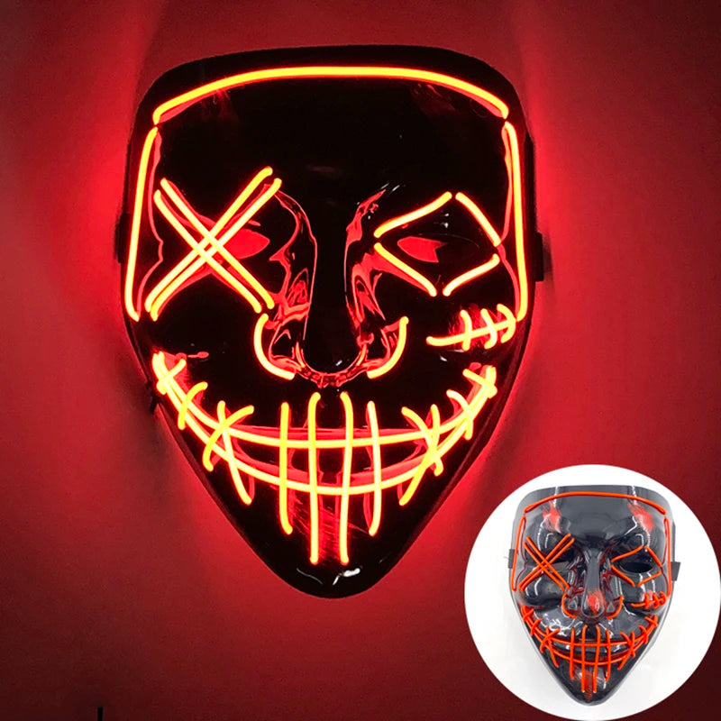 LED Halloween masker – draadloos lichtgevend party masker met meerdere stijlen en knipperende effecten, perfect voor Halloween, feestjes en cosplay voor kinderen en volwassenen.