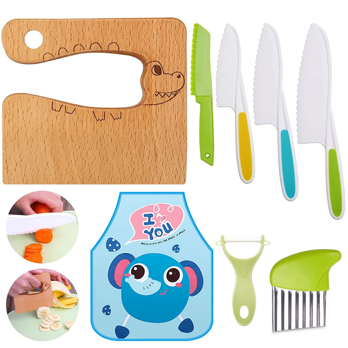 Kinder kook snijset – kindermes, gekartelde snijder en schiller speciaal voor peuters om fruit veilig te snijden. Perfect voor jonge chefs om culinaire vaardigheden te ontwikkelen.