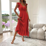 Dames Maxi Jurk met V-hals en Gelaagde Zoom