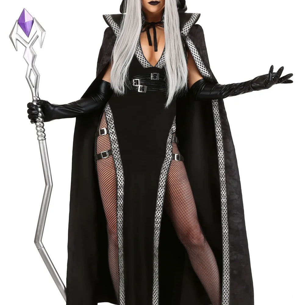 Halloween maxi jurk – gotische heks kostuum voor dames, lange donkere jurk met mystieke details, perfect voor Halloween en verkleedfeesten.