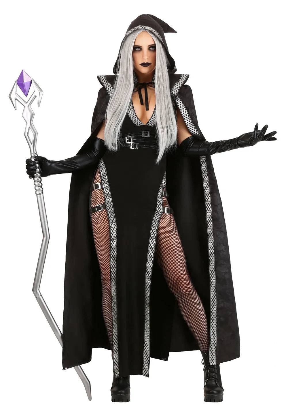 Halloween maxi jurk – gotische heks kostuum voor dames, lange donkere jurk met mystieke details, perfect voor Halloween en verkleedfeesten.