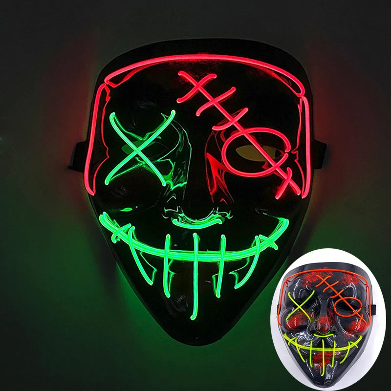 LED Halloween masker – draadloos lichtgevend party masker met meerdere stijlen en knipperende effecten, perfect voor Halloween, feestjes en cosplay voor kinderen en volwassenen.