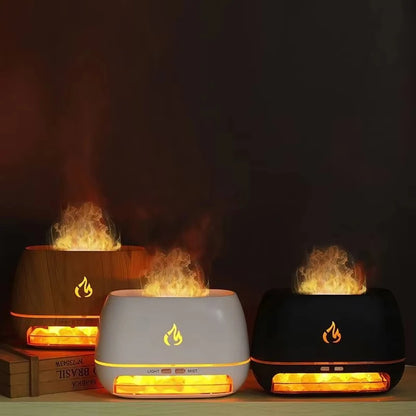 Himalaya kristalzoutsteen luchtbevochtiger – 3D vlam vuureffect, kleurrijk nachtlampje en aromatherapie diffuser voor een rustgevende sfeer.