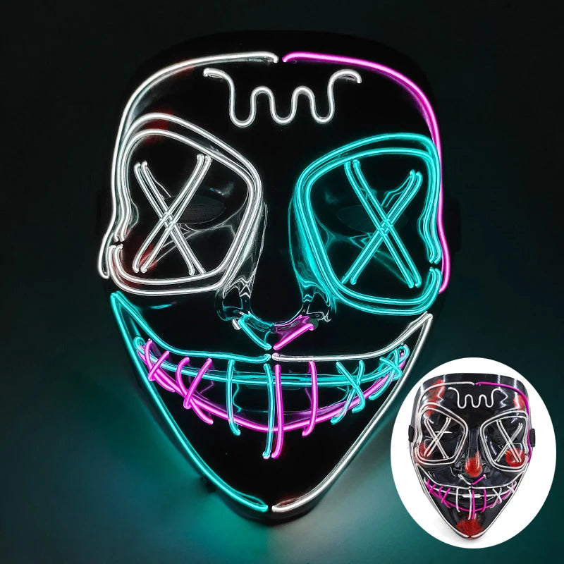 LED Halloween masker – draadloos lichtgevend party masker met meerdere stijlen en knipperende effecten, perfect voor Halloween, feestjes en cosplay voor kinderen en volwassenen.