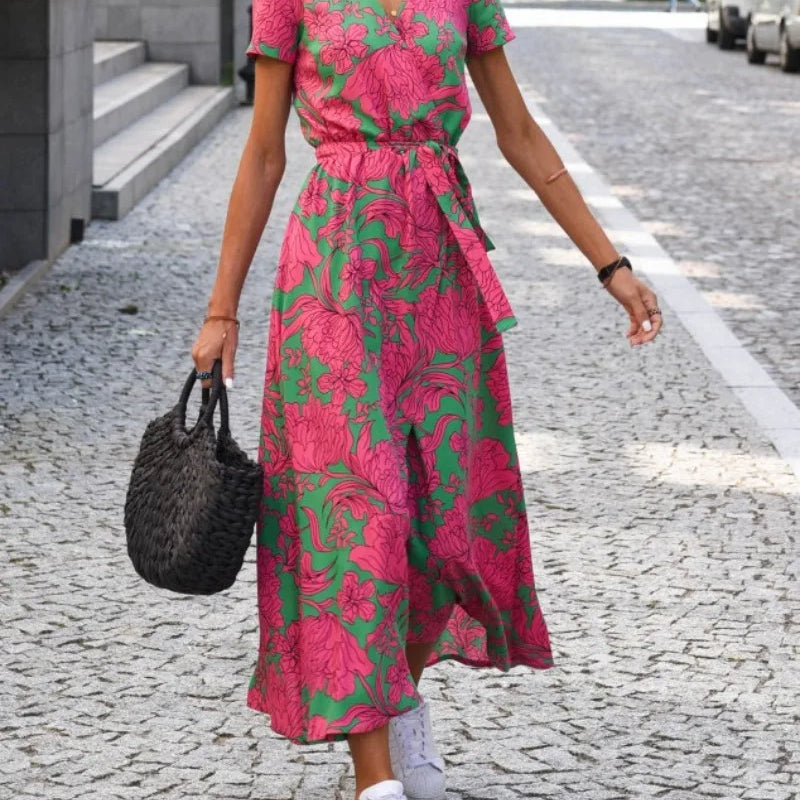 Dames Midi Jurk met Bloemenprint en V-Hals