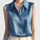 Dames blouse mouwloos met kraag en knoopsluiting