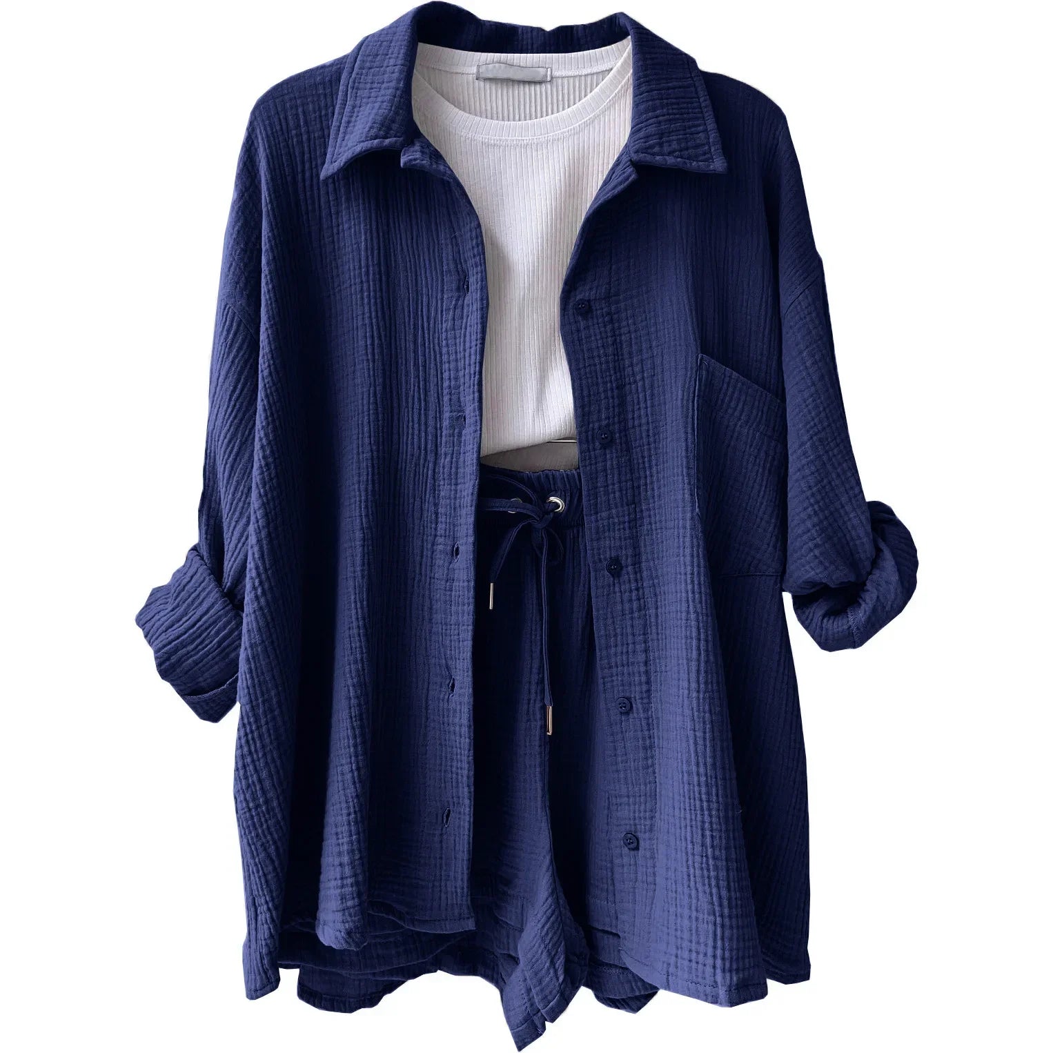 Zomerse dames 2-delige set – lange blouse en hoge taille shorts, een frisse en luchtige outfit voor warmere dagen. Ideaal voor casual zomerlooks of ontspannen buitenactiviteiten.