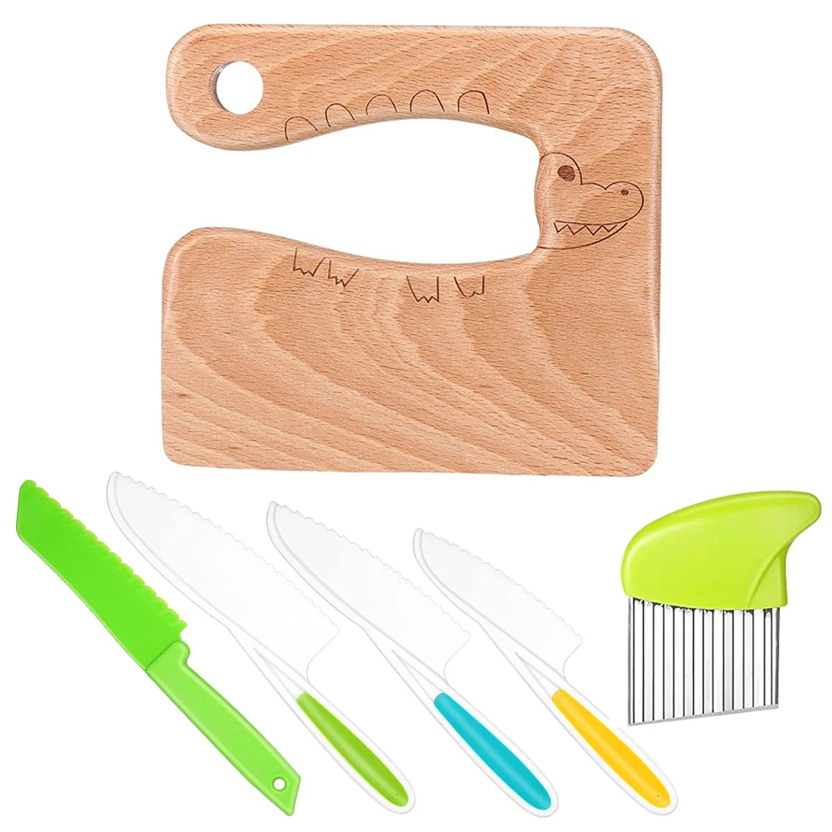 Kinder kook snijset – kindermes, gekartelde snijder en schiller speciaal voor peuters om fruit veilig te snijden. Perfect voor jonge chefs om culinaire vaardigheden te ontwikkelen.