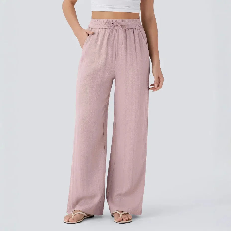 Casual linnen broek voor dames – hoge taille en wijde pijpen voor een luchtige, stijlvolle en comfortabele zomerse look.
