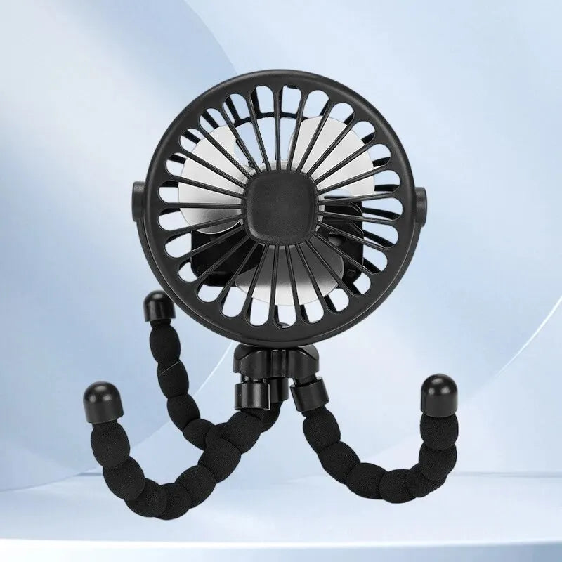 Multifunctionele kinderwagen mini ventilator – draagbare, USB-oplaadbare ventilator met flexibele armen en ingebouwde telefoonhouder, ideaal voor onderweg.