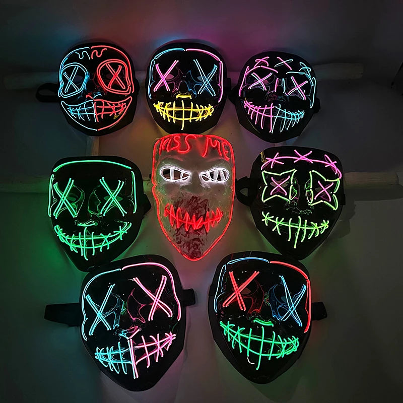 LED Halloween masker – draadloos lichtgevend party masker met meerdere stijlen en knipperende effecten, perfect voor Halloween, feestjes en cosplay voor kinderen en volwassenen.