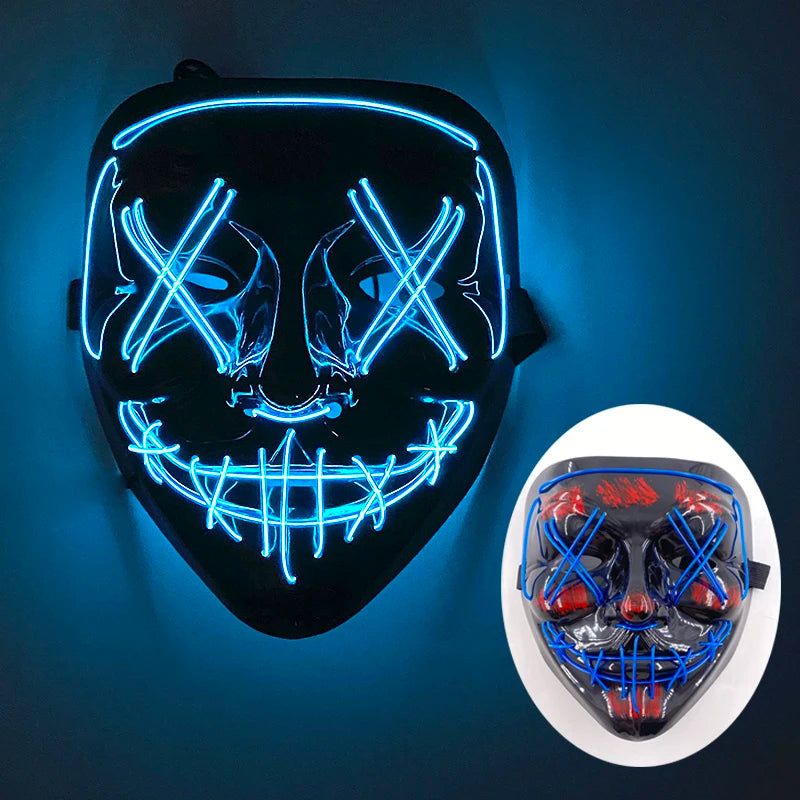LED Halloween masker – draadloos lichtgevend party masker met meerdere stijlen en knipperende effecten, perfect voor Halloween, feestjes en cosplay voor kinderen en volwassenen.