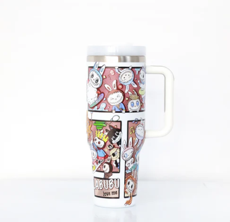 Labubu-stijl glitterbeker – kleurrijke drinkbeker met glitters en schattige Labubu-illustratie, ideaal voor koude dranken en een speelse uitstraling.