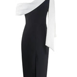 Off-Shoulder Midi Jurk met Contrasterende Halslijn