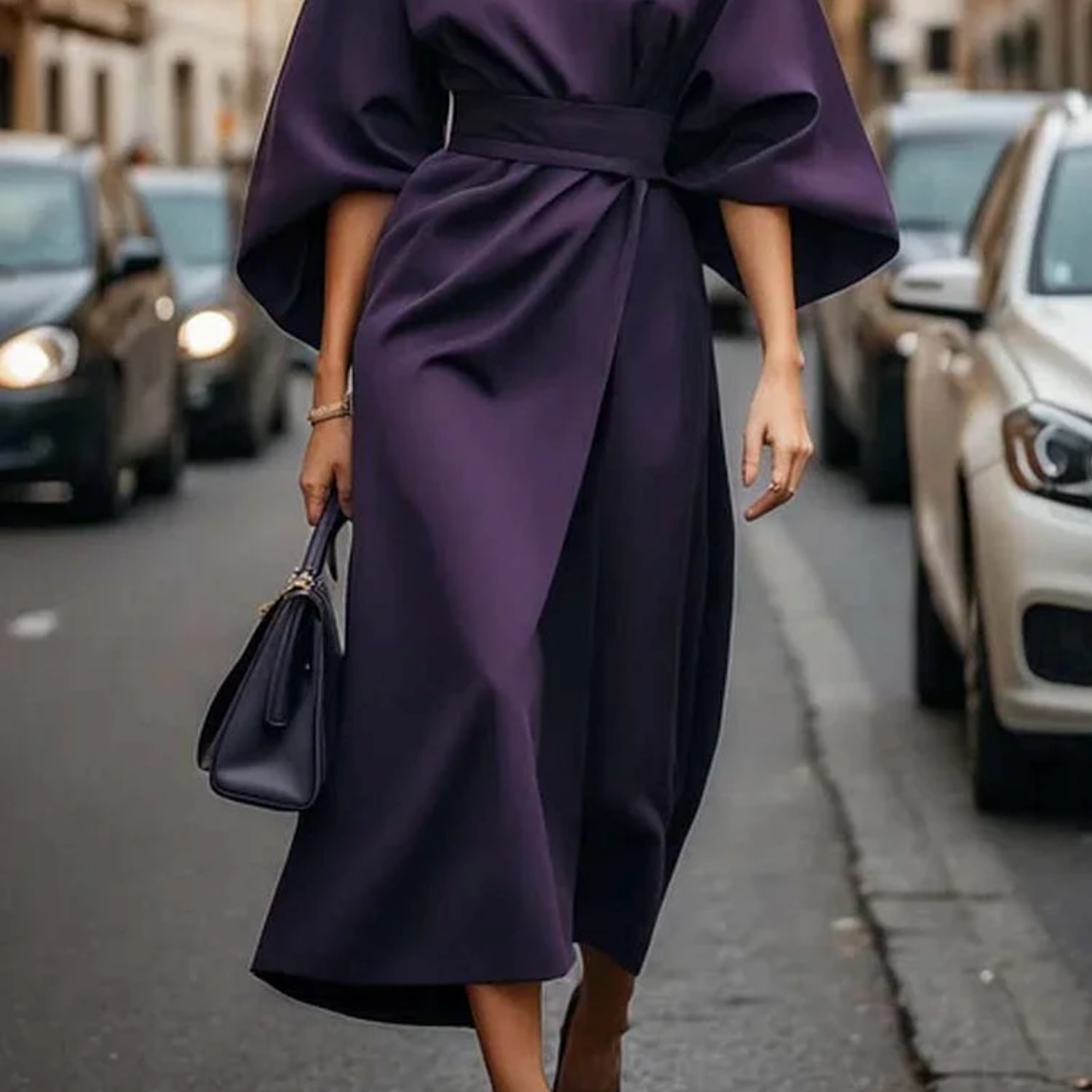 Elegante Oversized Midi Jurk met Driekwart Mouwen en Tailleband