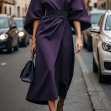 Elegante Oversized Midi Jurk met Driekwart Mouwen en Tailleband