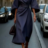 Elegante Oversized Midi Jurk met Driekwart Mouwen en Tailleband