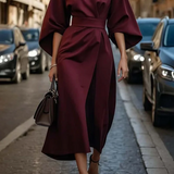 Elegante Oversized Midi Jurk met Driekwart Mouwen en Tailleband