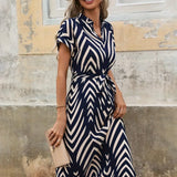 Dames Midi Jurk met Geometrische Print en V-Hals