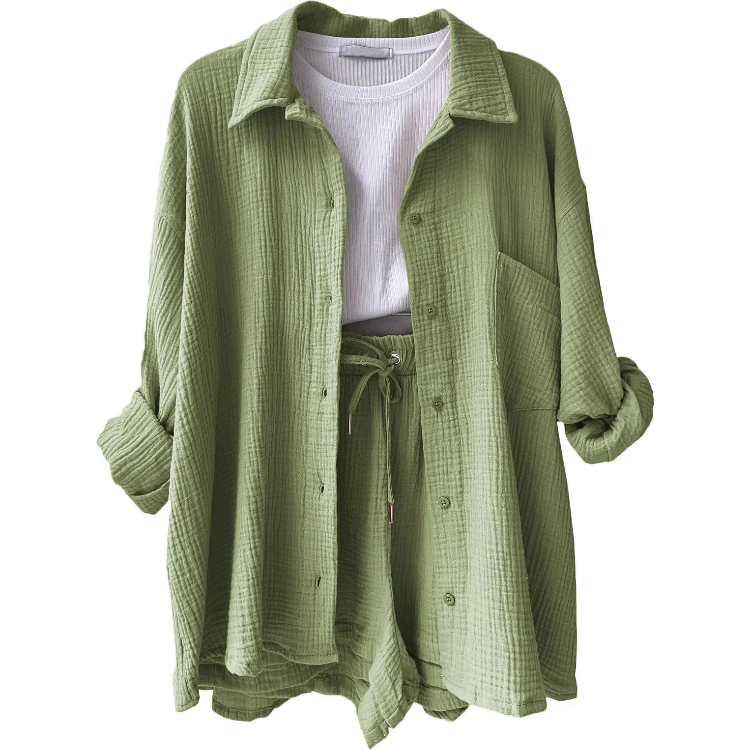 Zomerse dames 2-delige set – lange blouse en hoge taille shorts, een frisse en luchtige outfit voor warmere dagen. Ideaal voor casual zomerlooks of ontspannen buitenactiviteiten.
